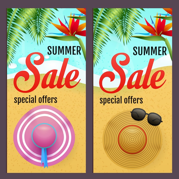 Free Vector summer sale letterings set with summer hats on beach