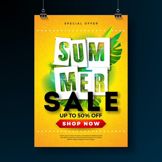 Summer Sale Poster Design Template with Tropical Palm Leaves and Typography Letter