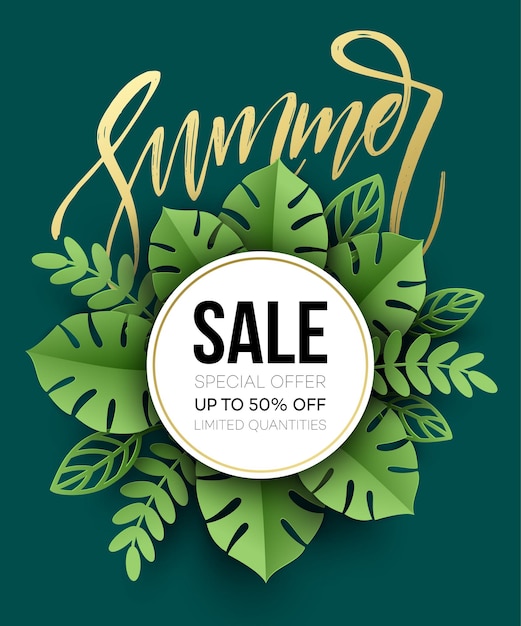 Free vector summer sale poster. tropical leaf. paper cut style.