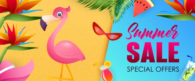 Summer Sale, Special Offers lettering with cute flamingo