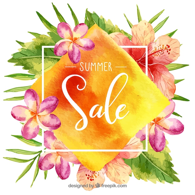 Free Vector summer sale template with colorful flowers in watercolor texture