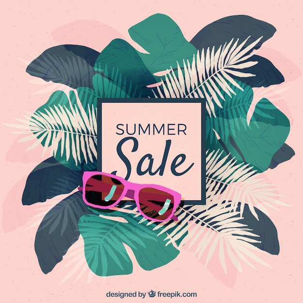 Summer sale template with plants in watercolor texture