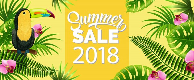 Summer sale, twenty eighteen yellow banner with palm leaves, tropical flowers 