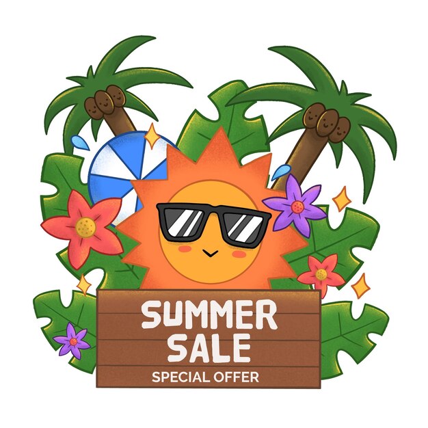 Summer sale with sun and palm trees