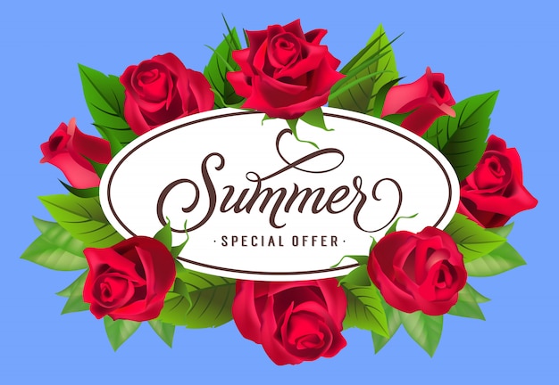 Free Vector summer special offer lettering in frame with roses. summer offer or sale advertising