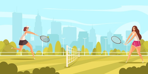 Summer sport tennis composition with human characters of women engaged in game with urban cityscape   illustration