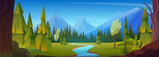 Free vector summer or spring landscape with mountains forest and river cartoon vector illustration of nature panorama scene with rocky hills flowing water stream green trees and firs and blue clear sky