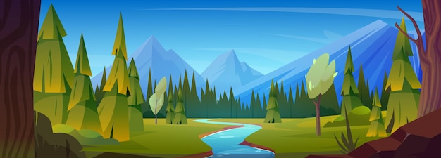 Free Vector summer or spring landscape with mountains forest and river cartoon vector illustration of nature panorama scene with rocky hills flowing water stream green trees and firs and blue clear sky