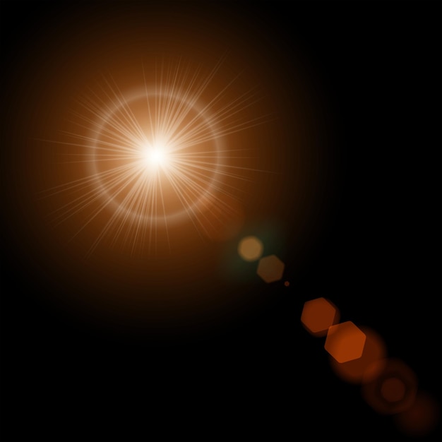 Summer sun with realistic lens flare lights and glow on black