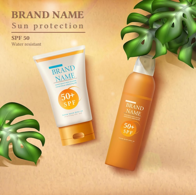 Free vector summer sunscreen protection illustration with sunscreen bottles on the sand  with sunbeams and tropical leaves