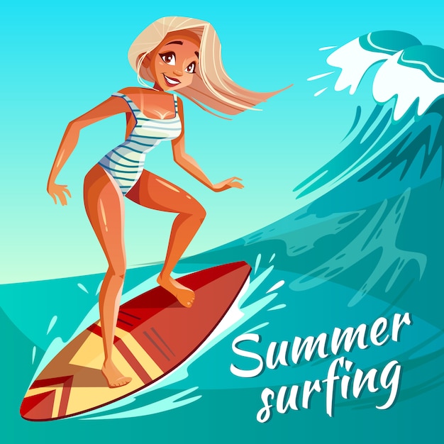 Summer surfing illustration of girl or young woman surfer at board on ocean wave. 