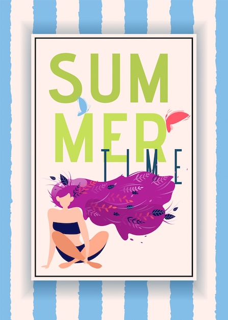 Free Vector summer time announcement in frame over striped backdrop