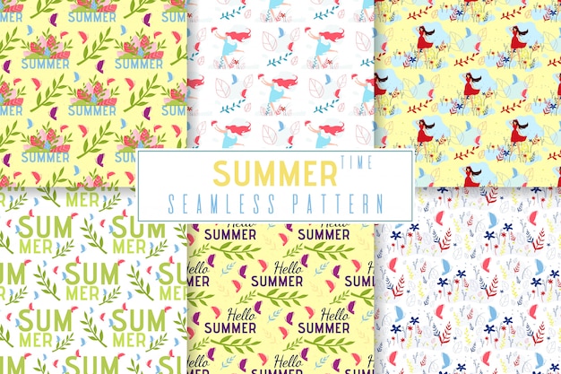 Summer Time Seamless Pattern Set in Floral Jungle Style