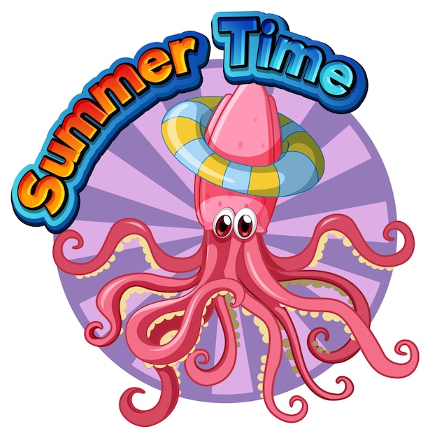 Free vector summer time word with squid cartoon