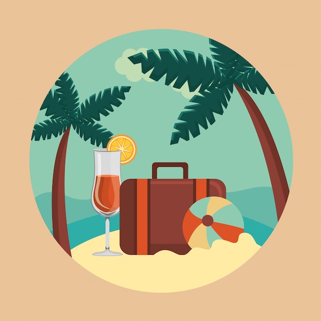 Free Vector summer and travel, suitcase, ball and cocktail in paradise in a circle