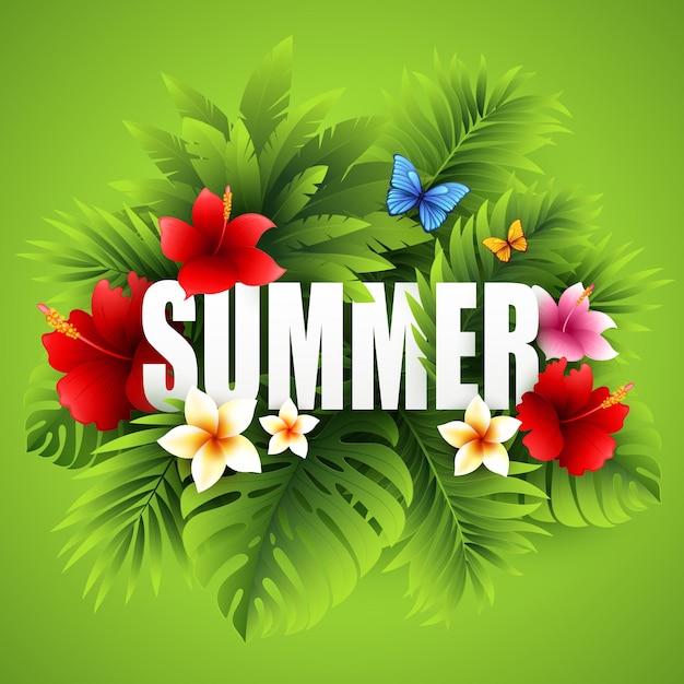 Summer tropical background of palm leaves and tropical flowers