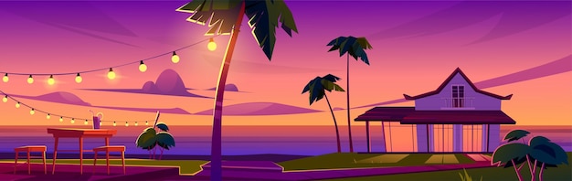 Summer tropical landscape with bungalow on ocean beach, table and chairs on terrace at sunset