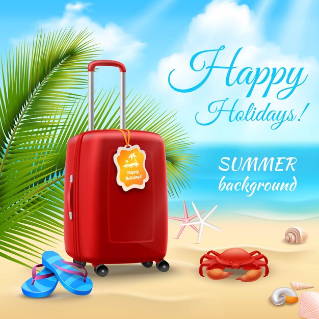 Summer vacation background with realistic suitcase on tropical beach 