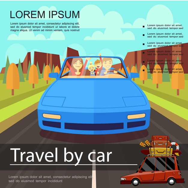 Summer vacation colorful template with happy family traveling by car in flat style  illustration,