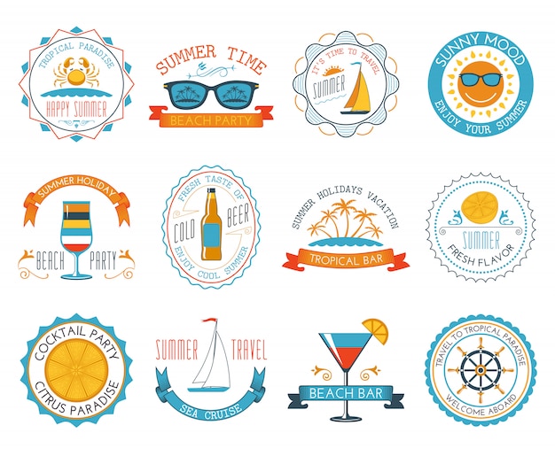 Summer vacation emblems stickers set flat