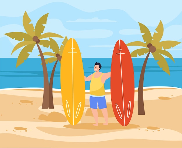 Free Vector summer vacation on south beach flat background with happy male character holding two surf boards vector illustration