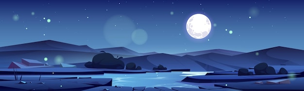 Summer valley with river and mountains on horizon at night Vector cartoon illustration of nature landscape with water stream bushes rocks and full moon in sky