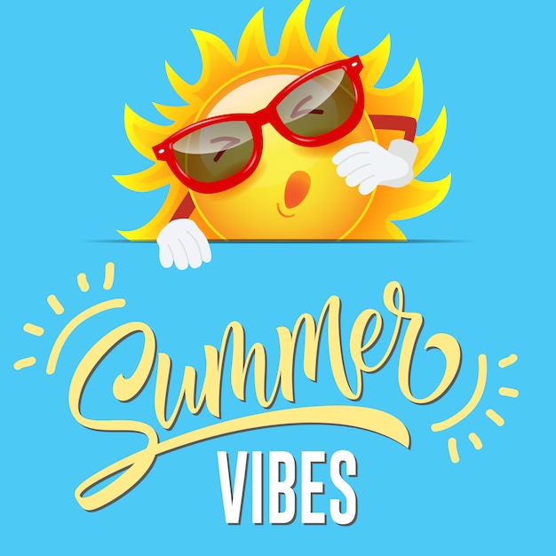 Summer vibes seasonal greeting with joyful cartoon sun in sunglasses 