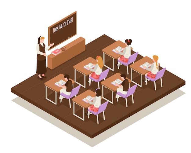 Free Vector sunday school isometric composition teacher near board and children at desks during religious lesson illustration