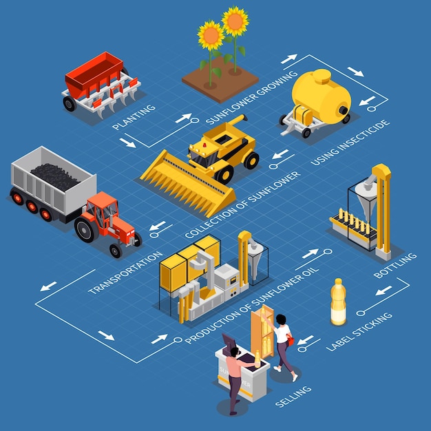 Free Vector sunflower production isometric composition with set of isolated agricultural machinery units plants ready products and text vector illustration