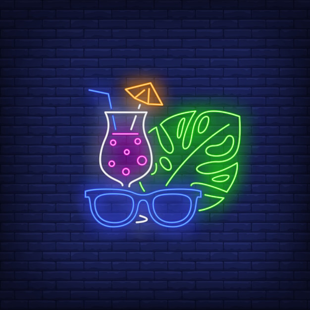 Sunglasses, cocktail and tropical plant leaf neon sign