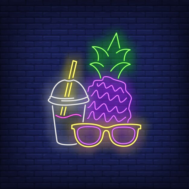 Sunglasses, pineapple and cocktail neon sign