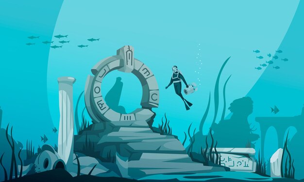 Free Vector sunken atlantis cartoon underwater with ancient ruins and driver character illustration