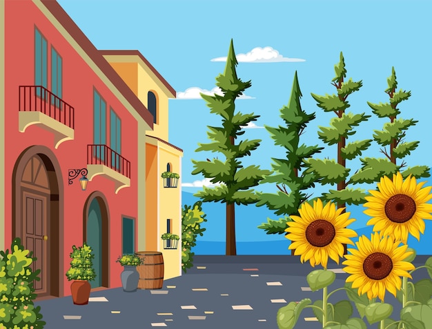 Free Vector sunny mediterranean street with sunflowers