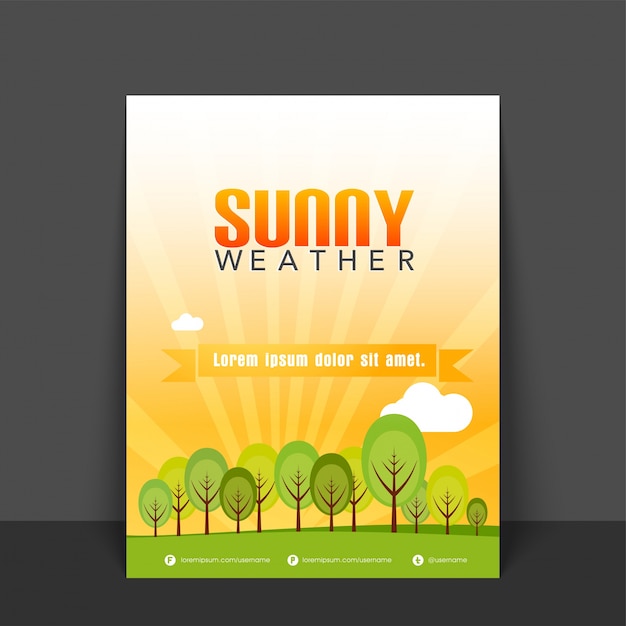 Free vector sunny weather flyer, template or banner design with illustration of green trees on rays background.