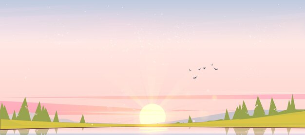 Sunrise landscape with lake birds in sky silhouettes on hills and trees on coast cartoon illustration of nature scenery with dawn coniferous forest on river shore and sun on horizon