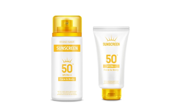 Sunscreen cream bottle and tube with yellow cap