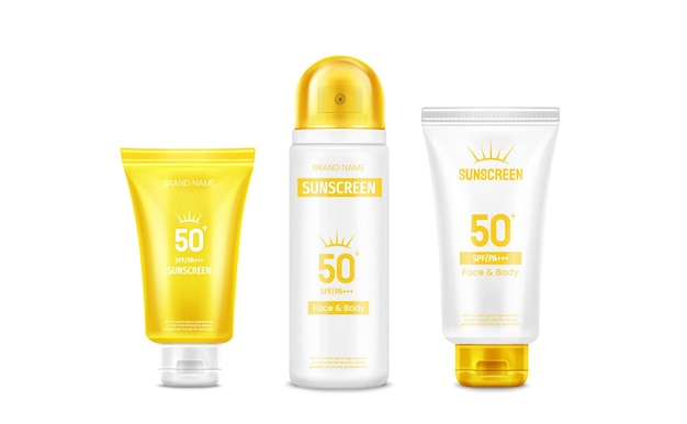 Free vector sunscreen cream bottle and tube with yellow cap