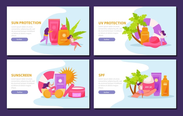 Sunscreen skin care flat 4x1 set of horizontal banners with clickable buttons editable text and images