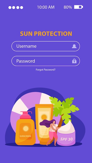 Free Vector sunscreen skin care flat app mobile with login fields and images of protective creams with text