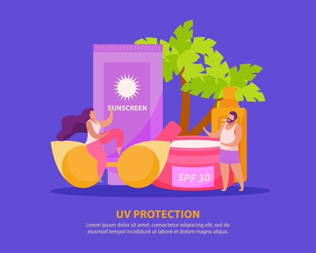 Sunscreen skin care flat composition with sun creams and sunglasses with doodle human characters