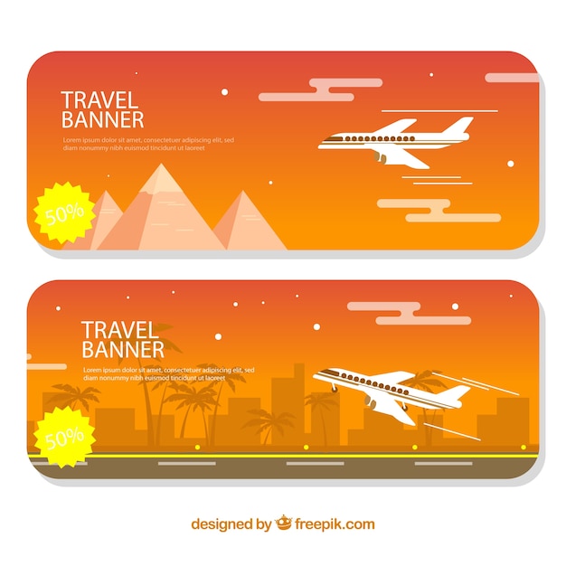 Free Vector sunset banners with plane in flat design 