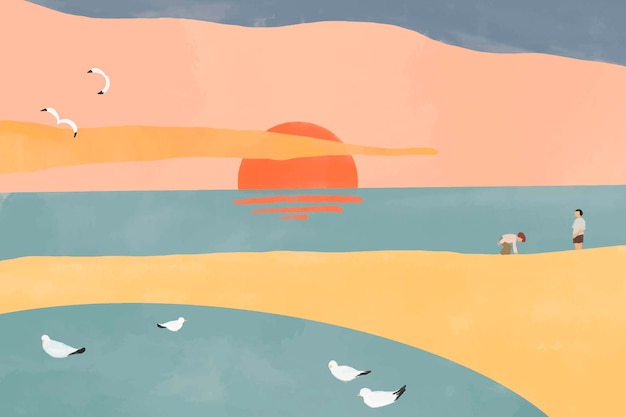 Free Vector sunset beach, aesthetic watercolor background vector