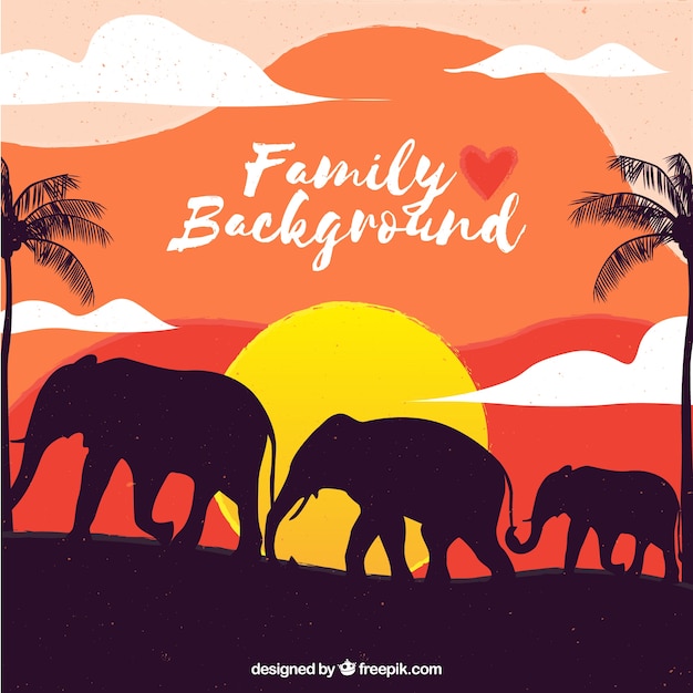 Free Vector sunset elephant family background 