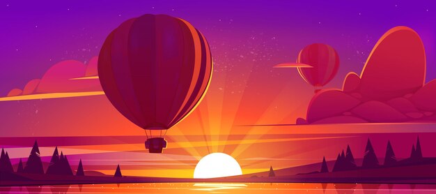 Sunset landscape with lake and hot air balloons