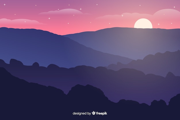 Sunset in mountains with starry night