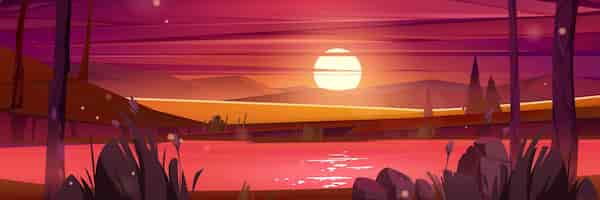 Free vector sunset nature landscape cartoon summer background