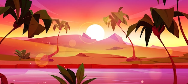 Free Vector sunset or sunrise landscape with desert river