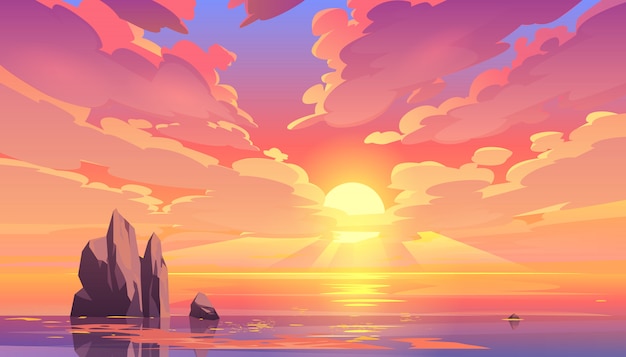 Free Vector sunset or sunrise in ocean, nature landscape.