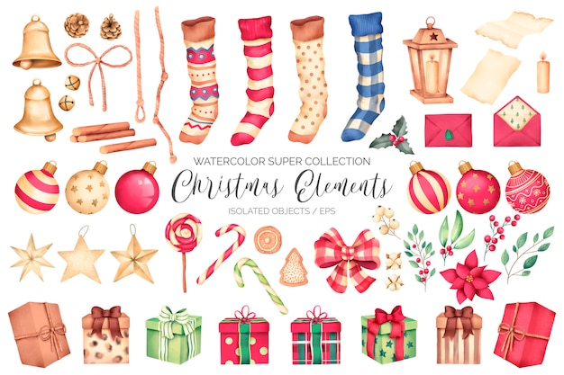 Super Collection of watercolor Christmas elements