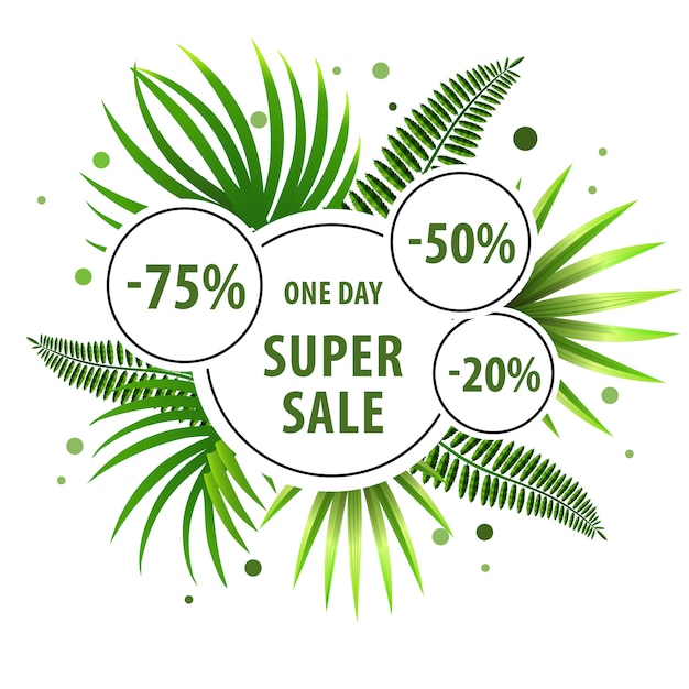 Super sale, one day green poster with palm leaves and discount stickers